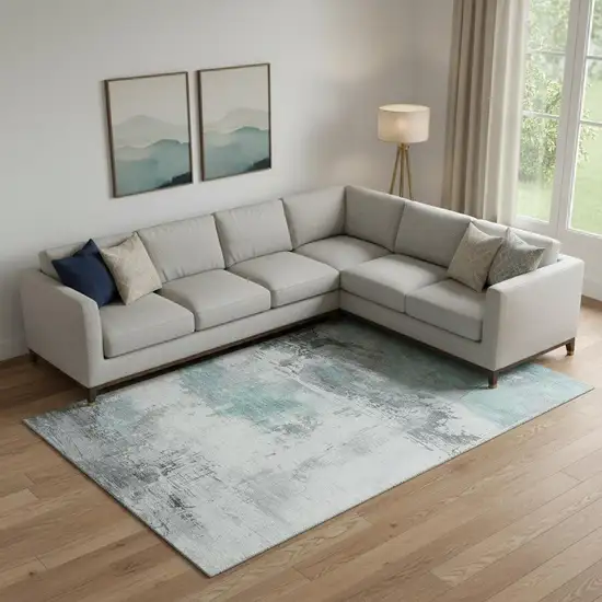 Teal Gray And Ivory Abstract Washable Area Rug With UV Protection Photo 2