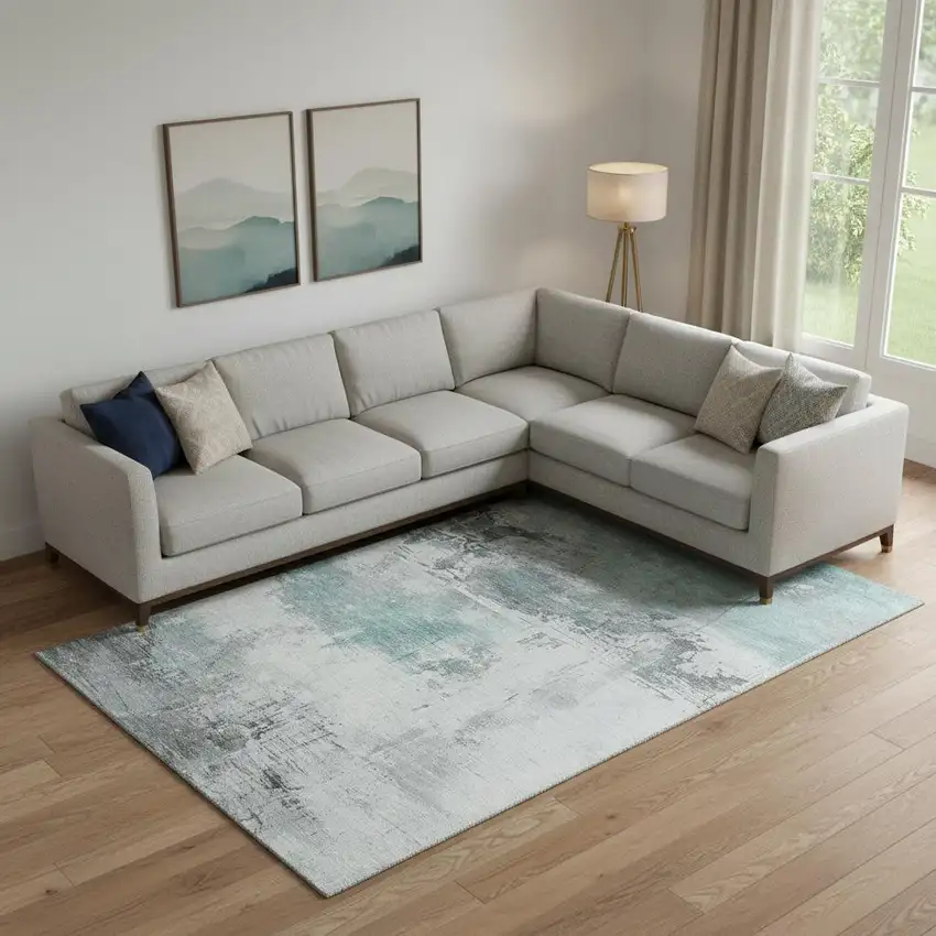 Teal Gray And Ivory Abstract Washable Area Rug With UV Protection Photo 2