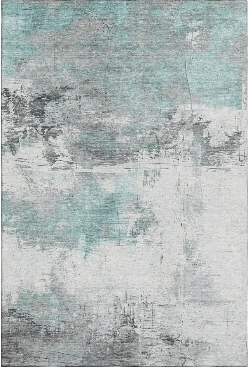 Teal Gray And Ivory Abstract Washable Area Rug With UV Protection Photo 1