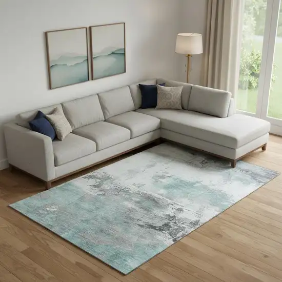 Teal Gray And Ivory Abstract Washable Area Rug With UV Protection Photo 2