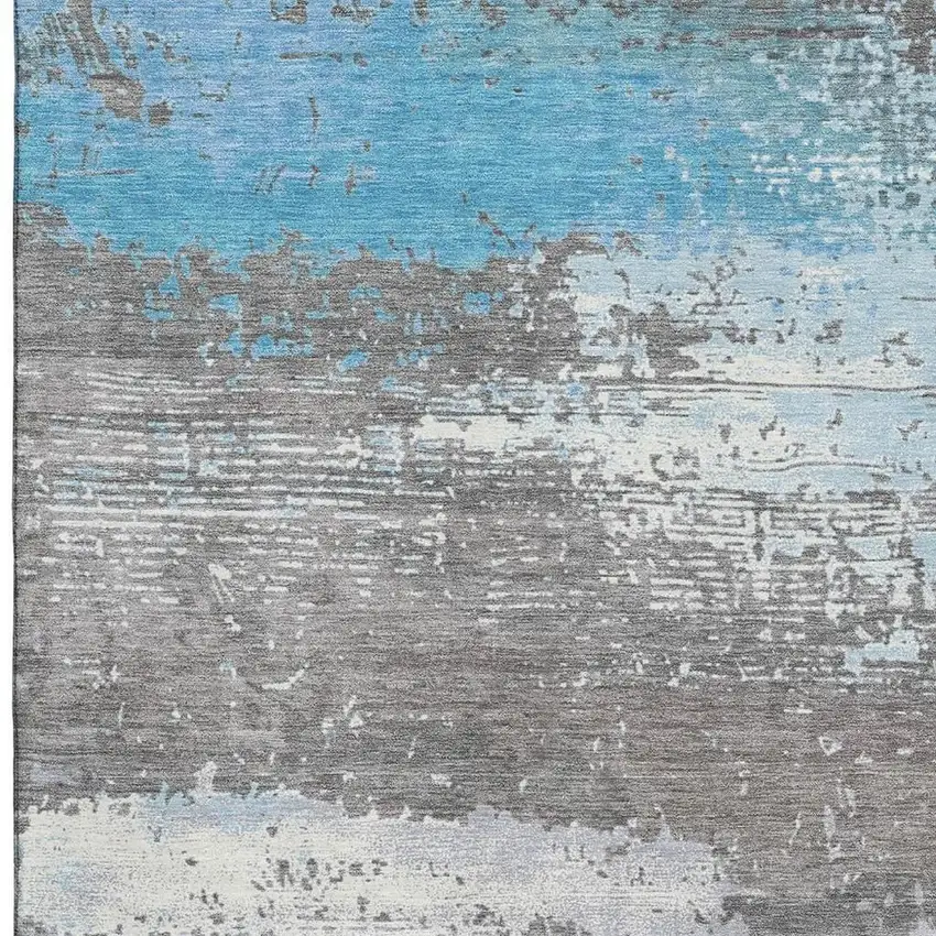 Teal Gray And Ivory Abstract Washable Area Rug With UV Protection Photo 3