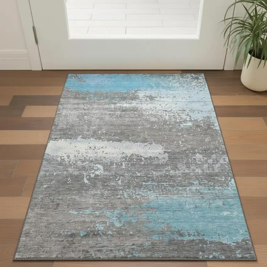 Teal Gray And Ivory Abstract Washable Area Rug With UV Protection Photo 2
