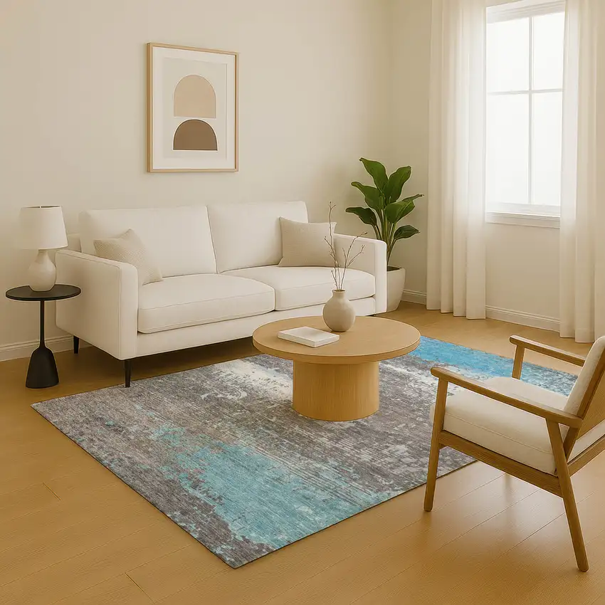 Teal Gray And Ivory Abstract Washable Area Rug With UV Protection Photo 5