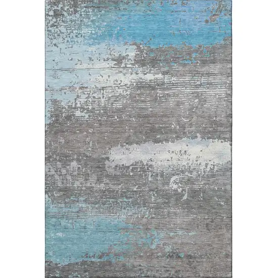 Teal Gray And Ivory Abstract Washable Area Rug With UV Protection Photo 2