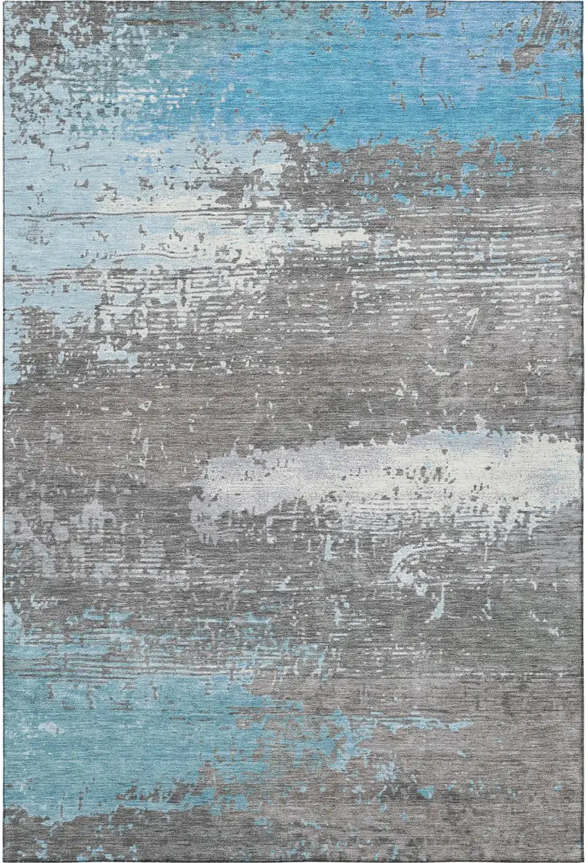 Teal Gray And Ivory Abstract Washable Area Rug With UV Protection Photo 2