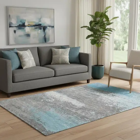 Teal Gray And Ivory Abstract Washable Area Rug With UV Protection Photo 2