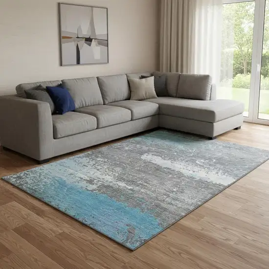 Teal Gray And Ivory Abstract Washable Area Rug With UV Protection Photo 2