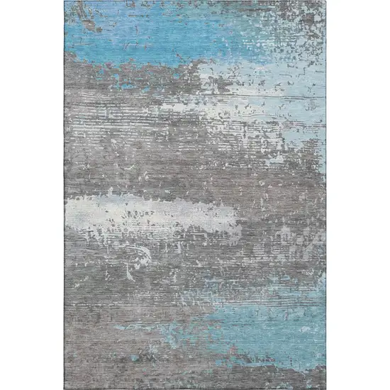 Teal Gray And Ivory Abstract Washable Area Rug With UV Protection Photo 1
