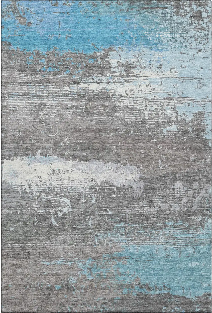 Teal Gray And Ivory Abstract Washable Area Rug With UV Protection Photo 1