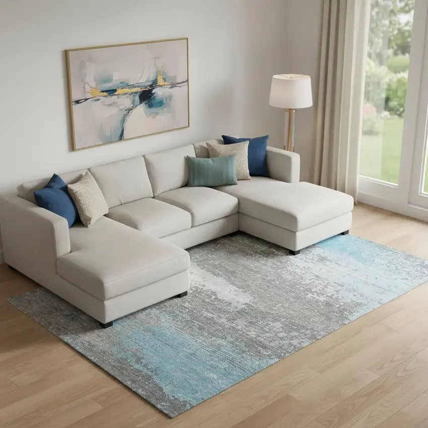 Teal Gray And Ivory Abstract Washable Area Rug With UV Protection Photo 2