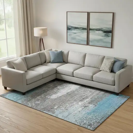 Teal Gray And Ivory Abstract Washable Area Rug With UV Protection Photo 2