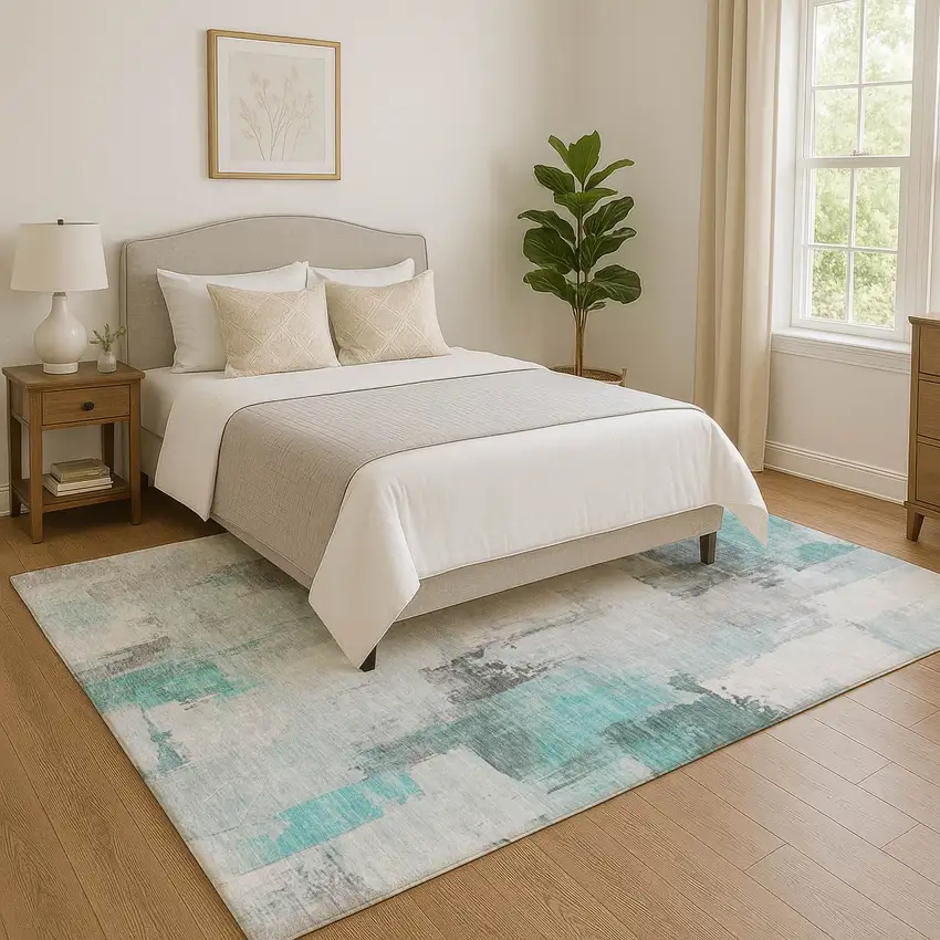 Teal Gray And Ivory Abstract Washable Area Rug With UV Protection Photo 5