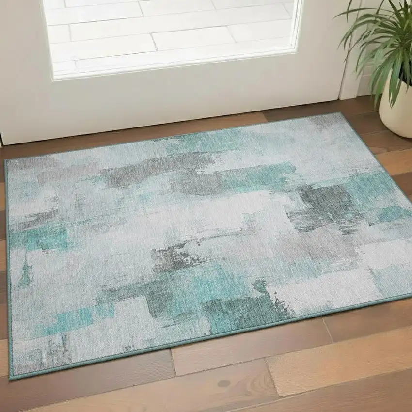 Teal Gray And Ivory Abstract Washable Area Rug With UV Protection Photo 2