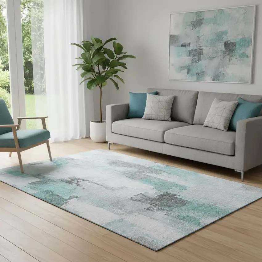 Teal Gray And Ivory Abstract Washable Area Rug With UV Protection Photo 2