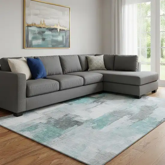 Teal Gray And Ivory Abstract Washable Area Rug With UV Protection Photo 2
