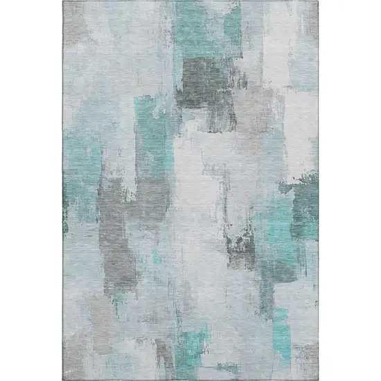 Teal Gray And Ivory Abstract Washable Area Rug With UV Protection Photo 1
