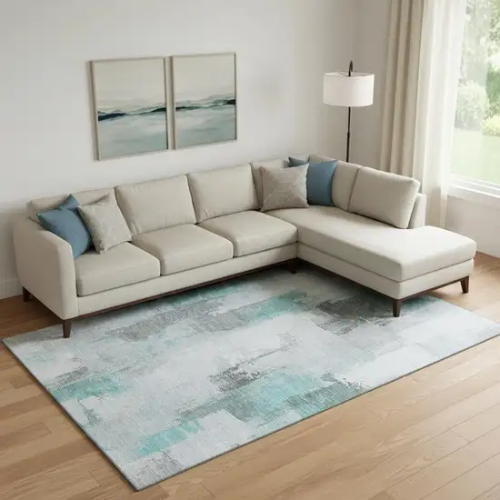 Teal Gray And Ivory Abstract Washable Area Rug With UV Protection Photo 2