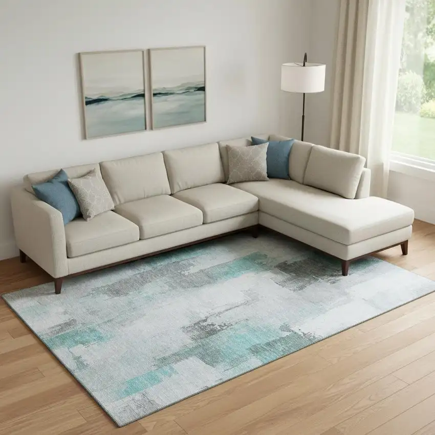 Teal Gray And Ivory Abstract Washable Area Rug With UV Protection Photo 2