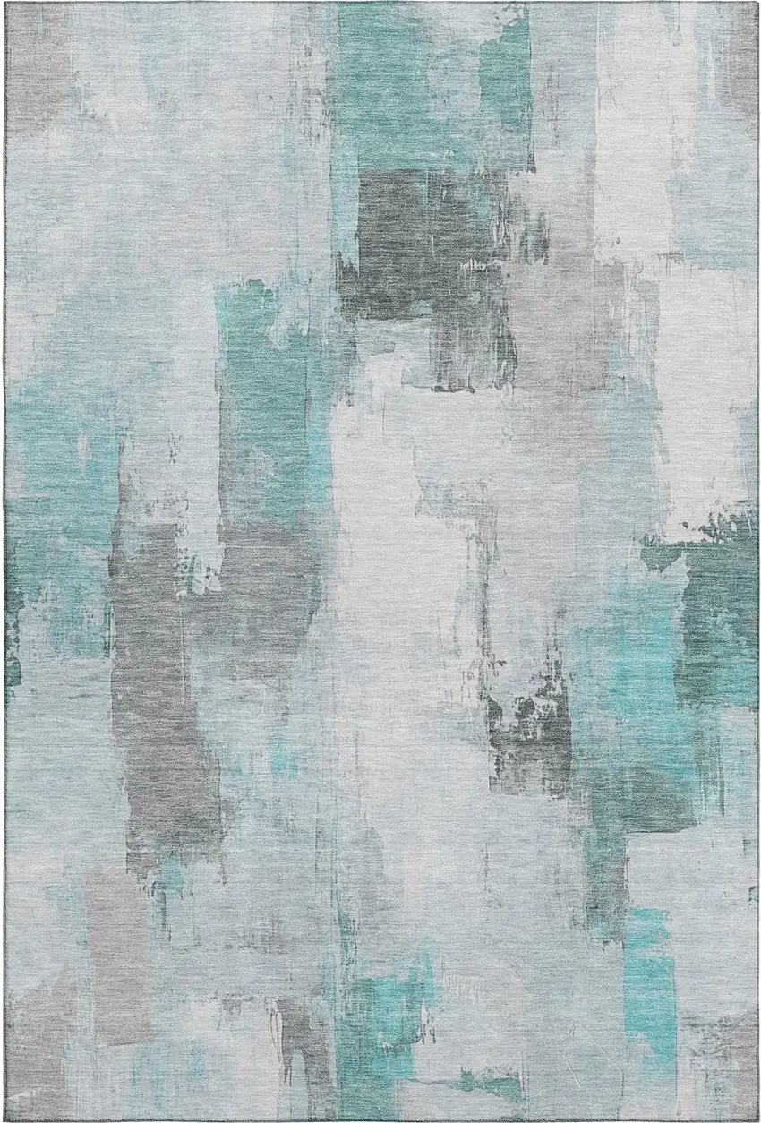 Teal Gray And Ivory Abstract Washable Area Rug With UV Protection Photo 1