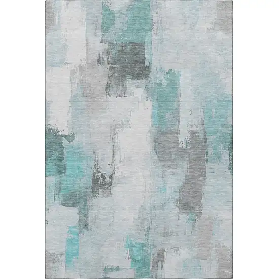 Teal Gray And Ivory Abstract Washable Area Rug With UV Protection Photo 4