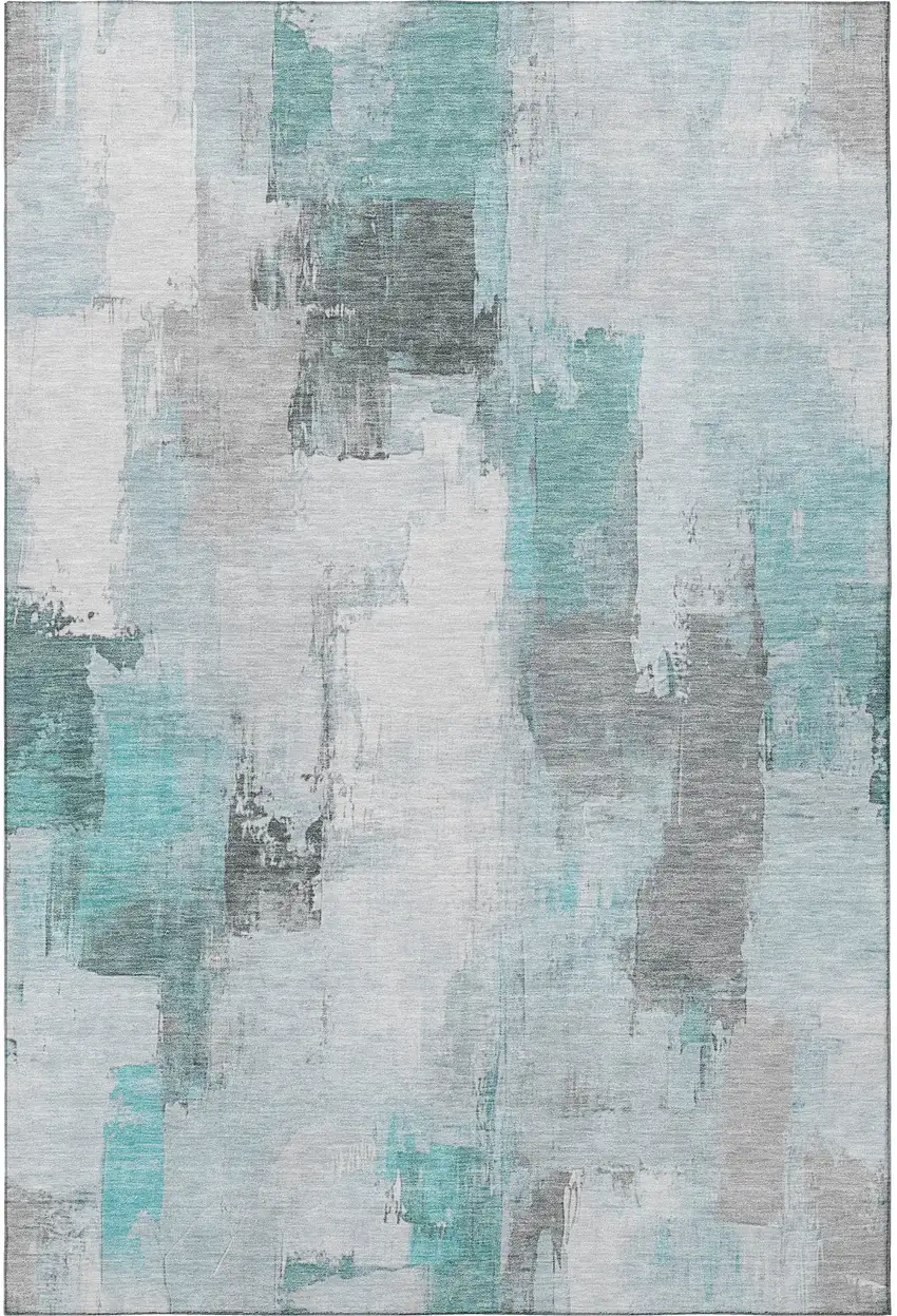 Teal Gray And Ivory Abstract Washable Area Rug With UV Protection Photo 4