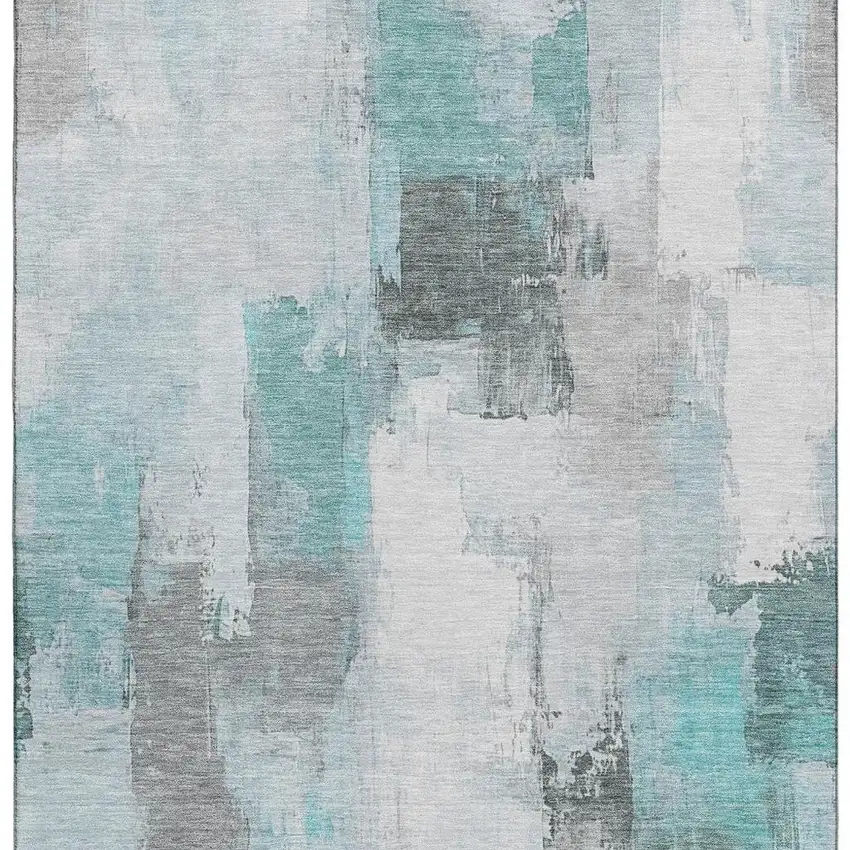 Teal Gray And Ivory Abstract Washable Area Rug With UV Protection Photo 3