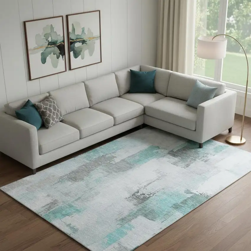 Teal Gray And Ivory Abstract Washable Area Rug With UV Protection Photo 2