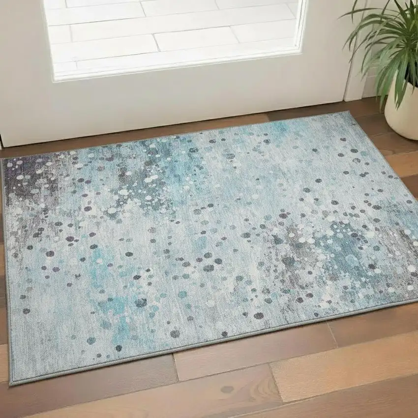 Teal Gray And Ivory Abstract Washable Area Rug With UV Protection Photo 2