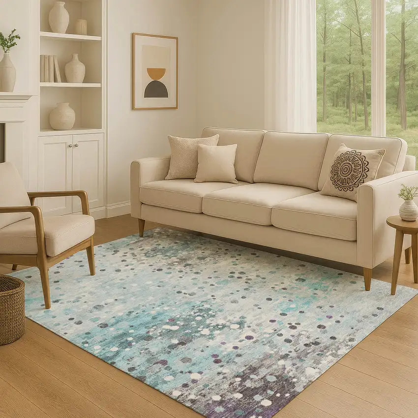 Teal Gray And Ivory Abstract Washable Area Rug With UV Protection Photo 5
