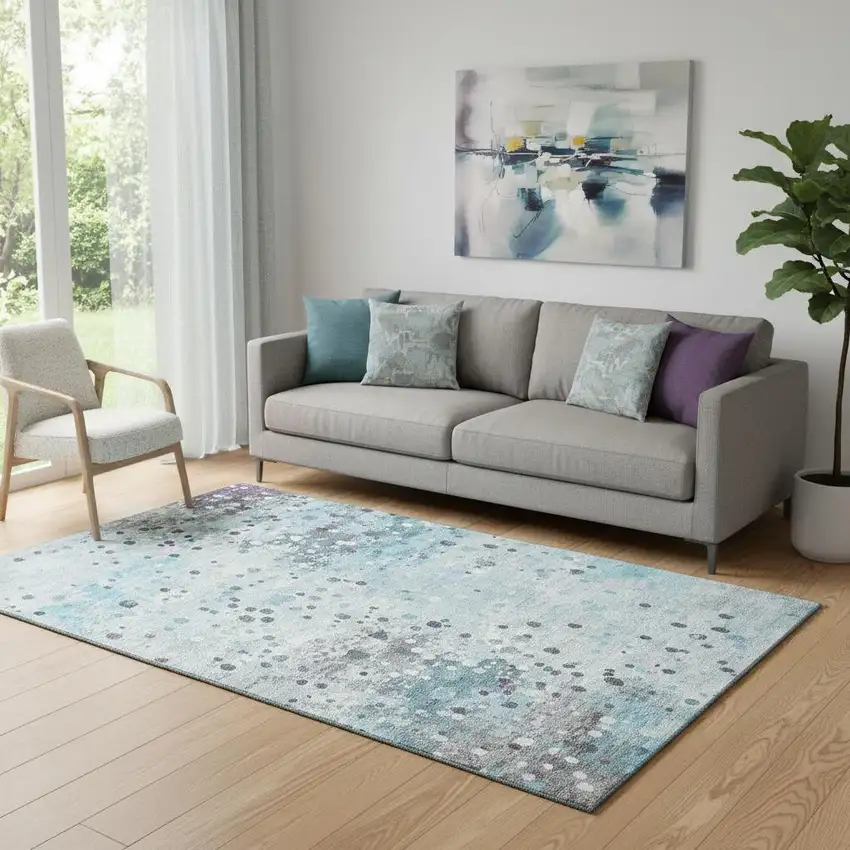 Teal Gray And Ivory Abstract Washable Area Rug With UV Protection Photo 2