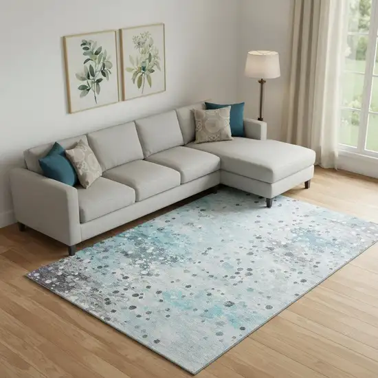 Teal Gray And Ivory Abstract Washable Area Rug With UV Protection Photo 2