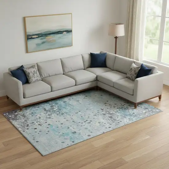 Teal Gray And Ivory Abstract Washable Area Rug With UV Protection Photo 2