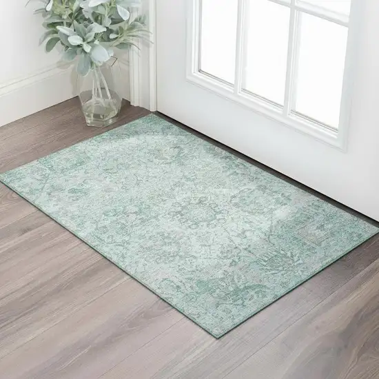 Teal Gray And Ivory Damask Washable Area Rug With UV Protection Photo 2