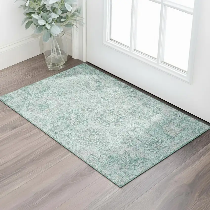 Teal Gray And Ivory Damask Washable Area Rug With UV Protection Photo 2