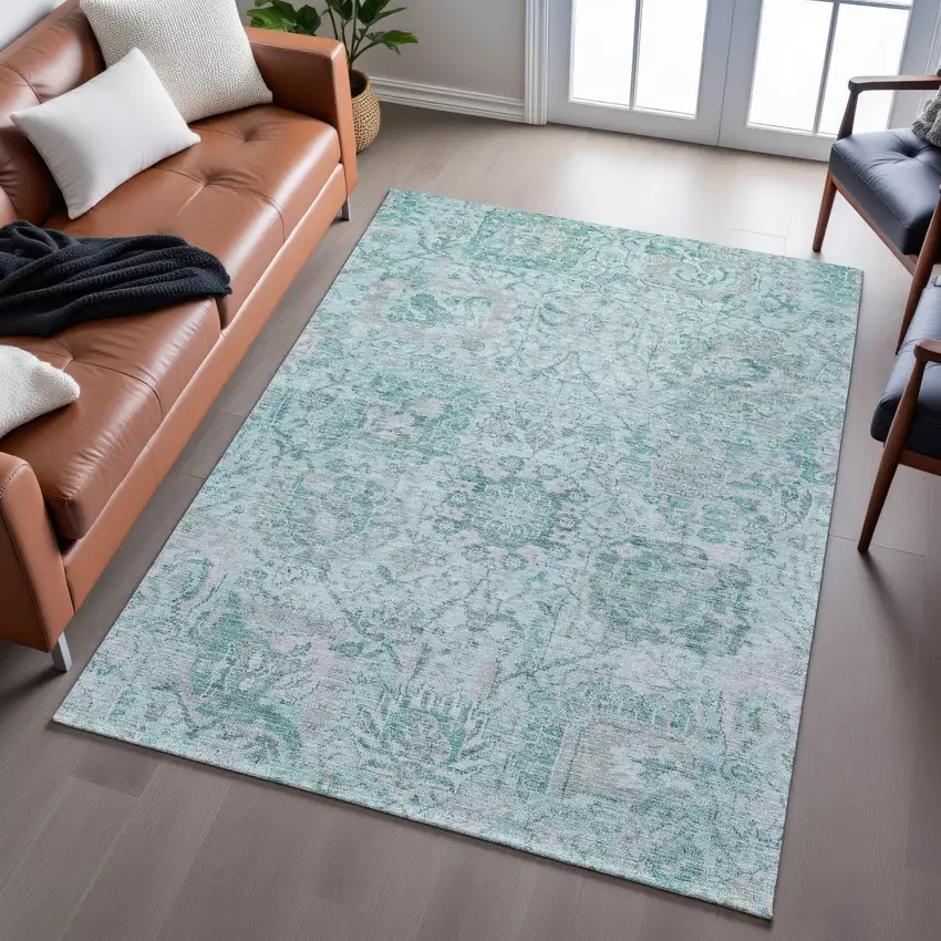 Teal Gray And Ivory Damask Washable Area Rug With UV Protection Photo 5