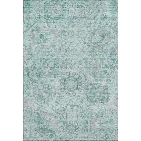 Teal Gray And Ivory Damask Washable Area Rug With UV Protection Photo 1