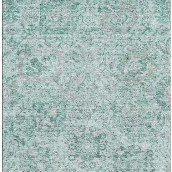 Teal Gray And Ivory Damask Washable Area Rug With UV Protection Photo 3