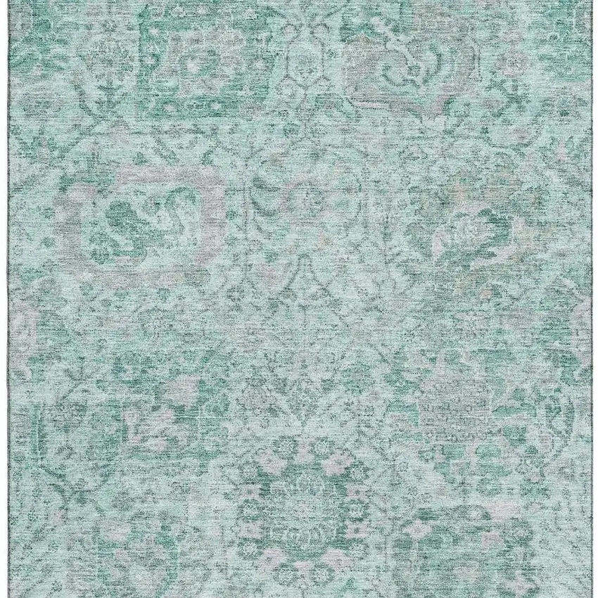 Teal Gray And Ivory Damask Washable Area Rug With UV Protection Photo 3