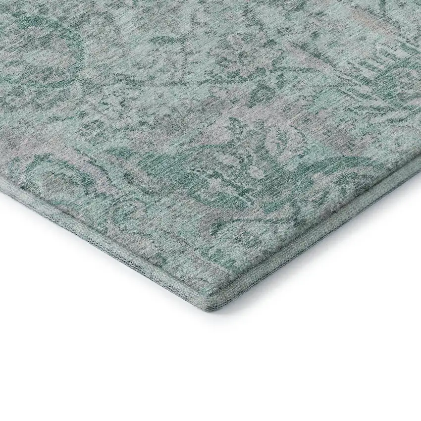 Teal Gray And Ivory Damask Washable Area Rug With UV Protection Photo 7