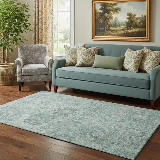 Teal Gray And Ivory Damask Washable Area Rug With UV Protection Photo 2