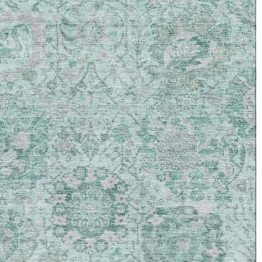 Teal Gray And Ivory Damask Washable Area Rug With UV Protection Photo 2