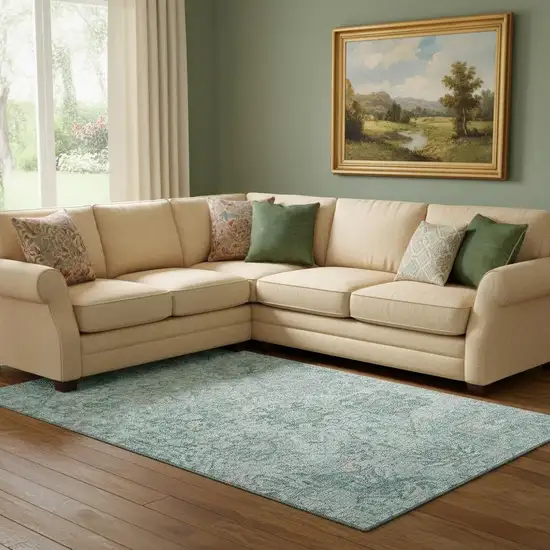 Teal Gray And Ivory Damask Washable Area Rug With UV Protection Photo 2