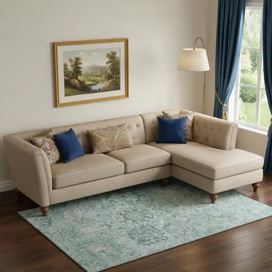 Teal Gray And Ivory Damask Washable Area Rug With UV Protection Photo 2