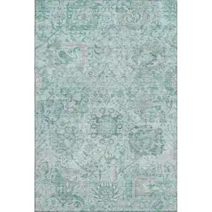 Photo of Teal Gray And Ivory Damask Washable Area Rug With UV Protection