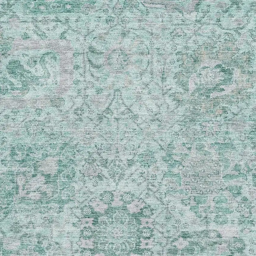 Teal Gray And Ivory Damask Washable Area Rug With UV Protection Photo 2