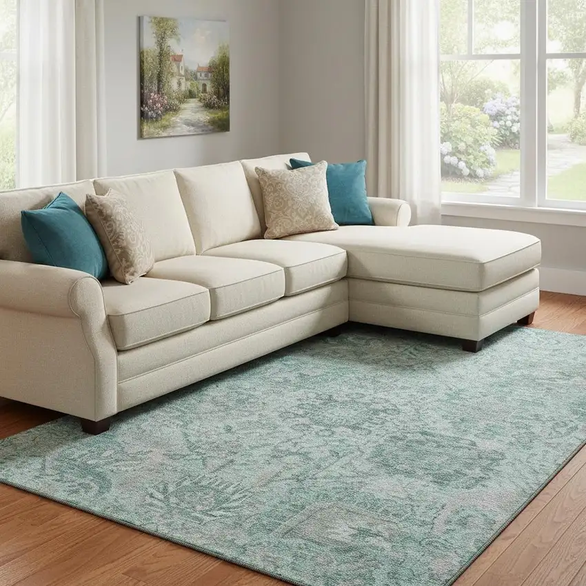 Teal Gray And Ivory Damask Washable Area Rug With UV Protection Photo 2