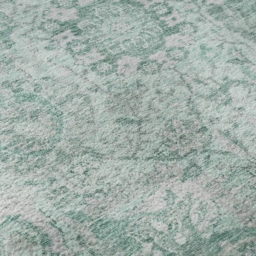 Teal Gray And Ivory Damask Washable Area Rug With UV Protection Photo 9