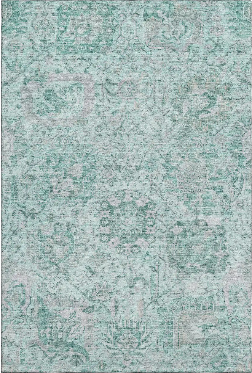 Teal Gray And Ivory Damask Washable Area Rug With UV Protection Photo 1