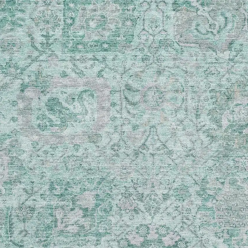 Teal Gray And Ivory Damask Washable Area Rug With UV Protection Photo 2