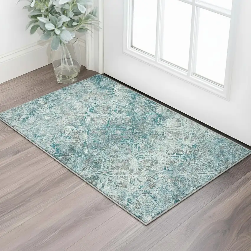 Teal Gray And Ivory Diamond Washable Area Rug With UV Protection Photo 2